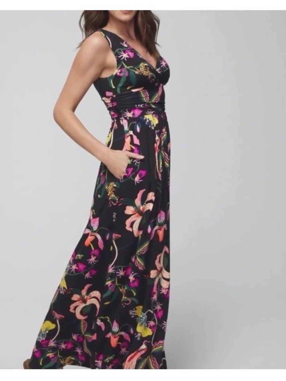 Soma Soft Jersey Sleeveless Maxi Dress XL Black Floral Tropical Resort Beach - Picture 3 of 11